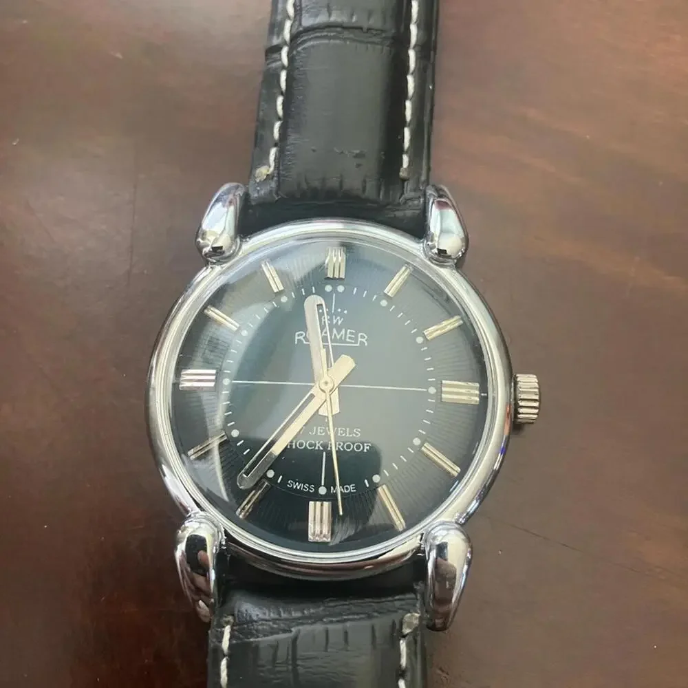 Roamer Black Leather satin blue dial vintage Rare 36mm Men's Watch